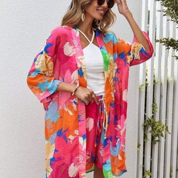 Multicolor Vacation Style Womens Floral Print Kimono & Tie Front Shorts - Picture 4 of 6